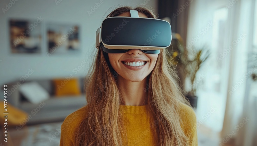 beautiful smiling woman with a VR headset on her head discovering an apartment during a virtual tour. beautiful smiling woman with a VR headset on her head discovering an apartment during a virtual tour.