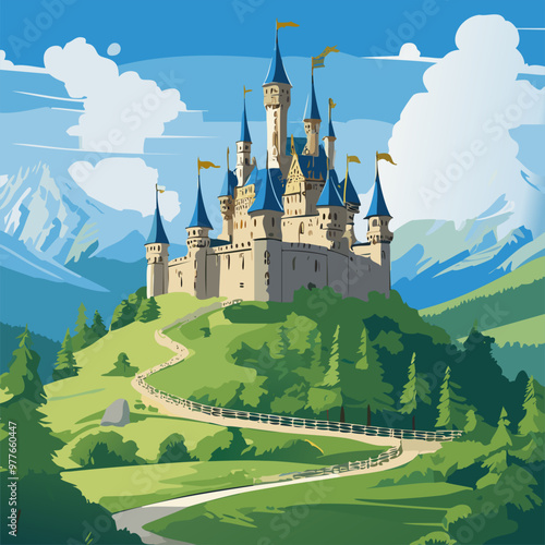 Medieval castle perched on a hill vector art illustration design