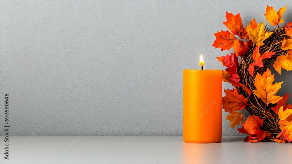 Orange Candle with Fall Wreath on White Tabletop Orange Candle with Fall Wreath on White Tabletop