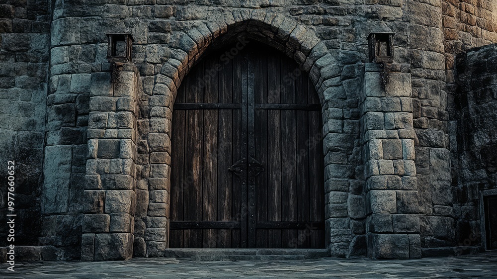 Ancient Stone Gate with Wooden Doors - Medieval Architecture Ancient Stone Gate with Wooden Doors - Medieval Architecture