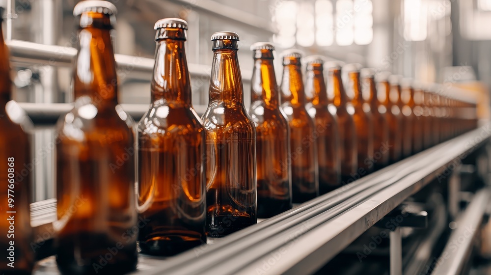 Closeup of Brown Beer Bottles on a Conveyor Belt A Perspective of Mass Production Closeup of Brown Beer Bottles on a Conveyor Belt A Perspective of Mass Production