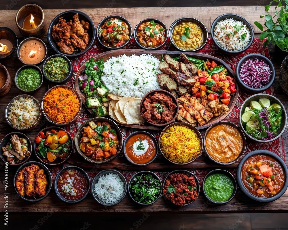 Overhead View of a Colorful Indian Feast with Rice Stews and Flatbreads in Rustic Bowls on a Wooden Table Overhead View of a Colorful Indian Feast with Rice Stews and Flatbreads in Rustic Bowls on a Wooden Table