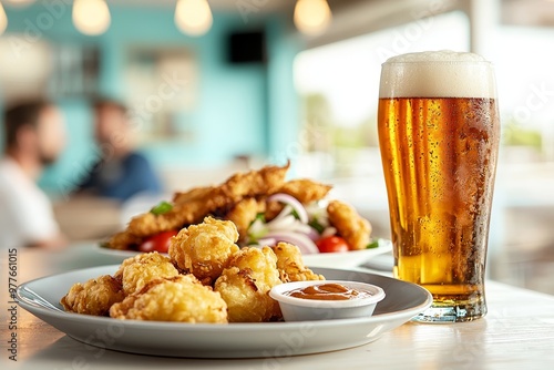 Closeup of Crispy Fried Food with Beer and Sauce on a Table in a Blurred Restaurant Setting