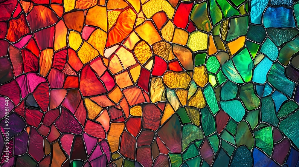 A vibrant, colorful stained glass window background with a large, clear space for text A vibrant, colorful stained glass window background with a large, clear space for text