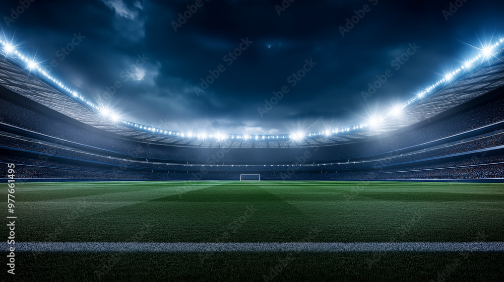 Nighttime falls over the colossal stadium, and the field is illuminated by dazzling spotlights. A soft glow outlines the sleek curves of the structure in this 3D illustration. Nighttime falls over the colossal stadium, and the field is illuminated by dazzling spotlights. A soft glow outlines the sleek curves of the structure in this 3D illustration.