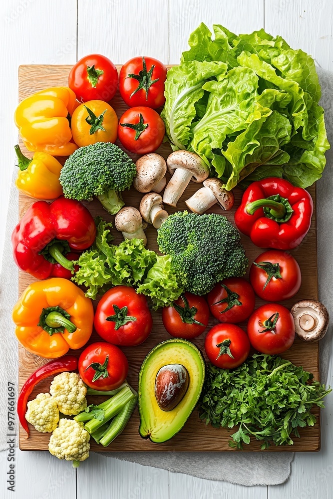 Overhead View of Vibrant Vegetables and Herbs on Wooden Cutting Board a Feast for the Senses Overhead View of Vibrant Vegetables and Herbs on Wooden Cutting Board a Feast for the Senses
