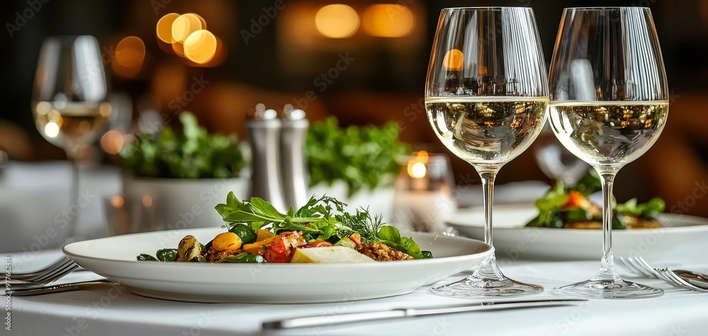 Dinner for Two A LowAngle Perspective of a White Wine and Salad on a White Tablecloth with Blurred Bokeh Lights Dinner for Two A LowAngle Perspective of a White Wine and Salad on a White Tablecloth with Blurred Bokeh Lights