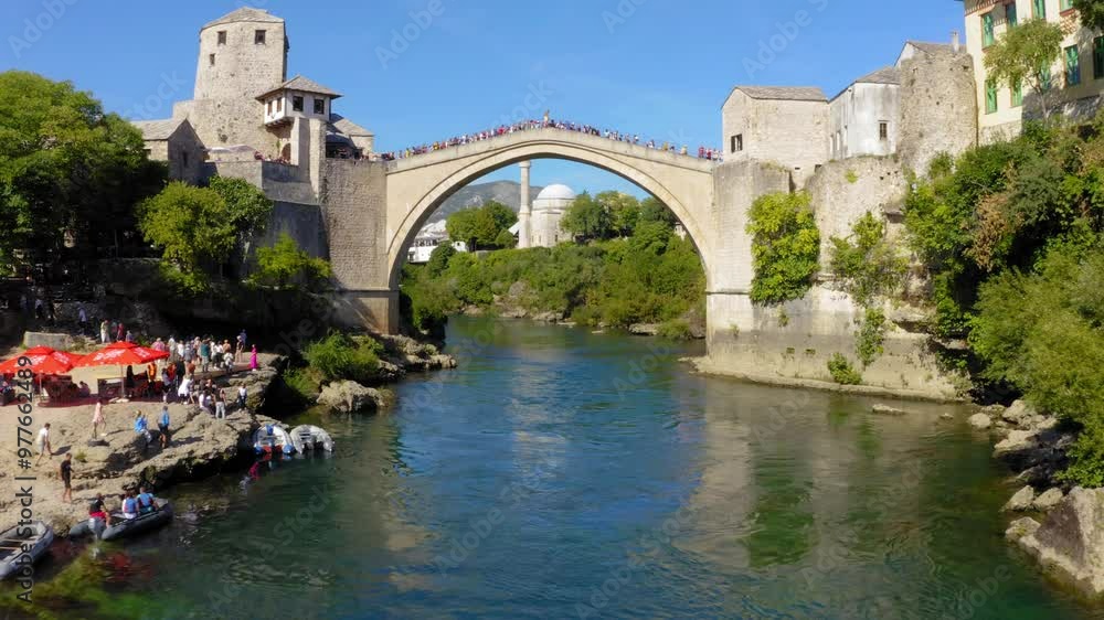 Drone view of Mostar bridge in Bosnia and Herzegovina Drone view of Mostar bridge in Bosnia and Herzegovina