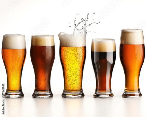 Five Beers Front View Sparkling Splash White Background Refreshing Concept