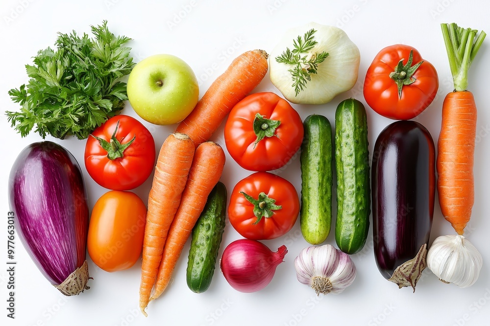 Flat Lay of Vibrant Vegetables and Garlic on White Background A Culinary Still Life Flat Lay of Vibrant Vegetables and Garlic on White Background A Culinary Still Life