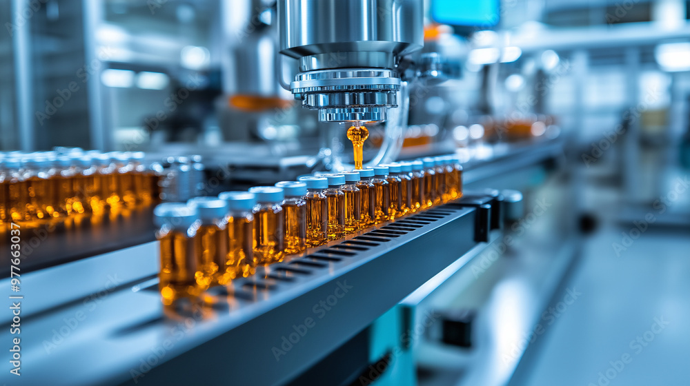 A wide view of an advanced pharmaceutical production line, showcasing the intricate machinery and robotic precision involved in filling glass ampoules with liquid drugs. A wide view of an advanced pharmaceutical production line, showcasing the intricate machinery and robotic precision involved in filling glass ampoules with liquid drugs.
