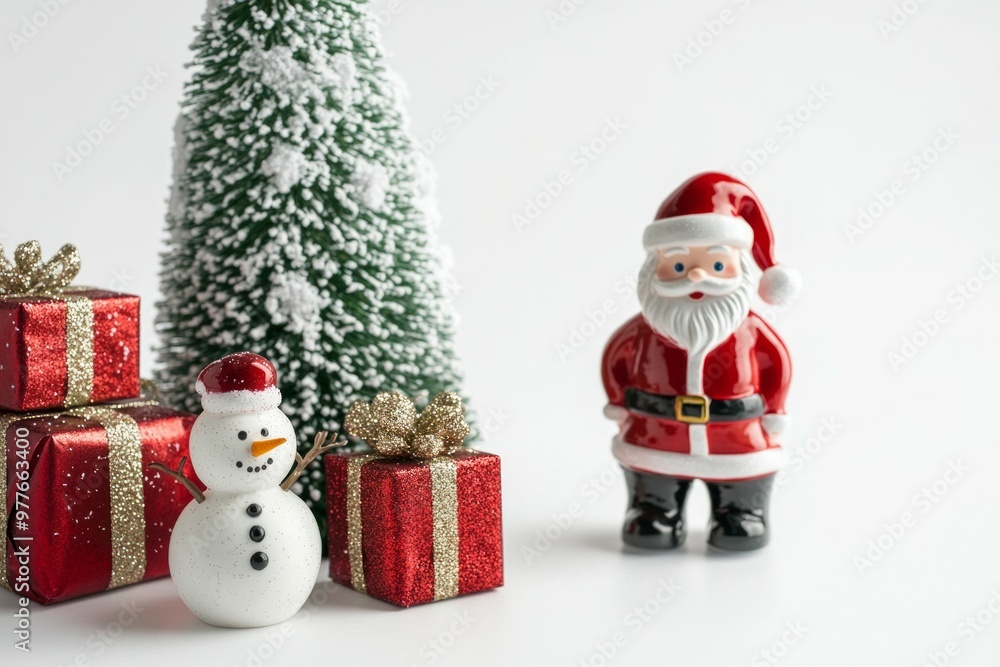 Christmas decorations, a Christmas tree, presents, and a Santa Claus figurine with a snowman on a white background. Christmas decorations, a Christmas tree, presents, and a Santa Claus figurine with a snowman on a white background.
