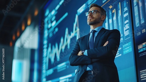 business leader standing in front of a large screen with a growth chart, confident and triumphant