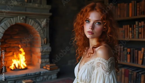 Wonderstruck Young Woman in Historic Library photo