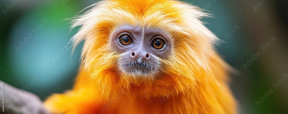Fototapeta premium Close-up of a vibrant and curious golden lion tamarin showcasing its striking orange fur and expressive eyes