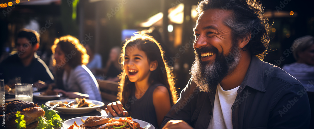 Retrato de una familia feliz comiendo en un restaurante. Reunión familiar, disfrutando de momentos de vacaciones familiares. Retrato de una familia feliz comiendo en un restaurante. Reunión familiar, disfrutando de momentos de vacaciones familiares.