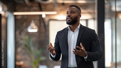 confident business leader addressing their team in a modern office setting