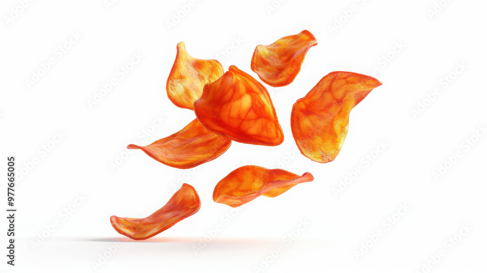 Fototapeta premium Peri Peri Fruit chips, crispy, falling on a plain white background. Hyperrealistic, cinematic and high quality