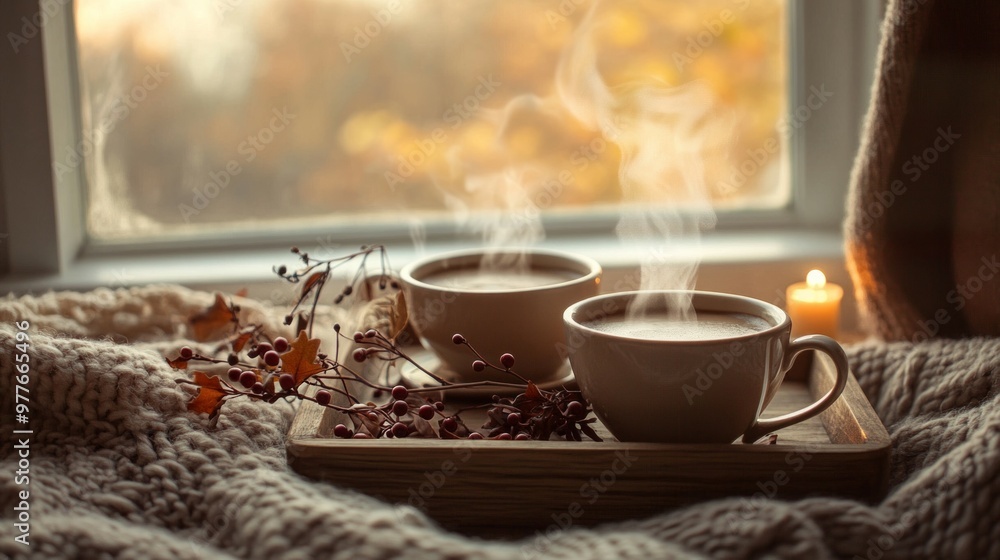 Fototapeta premium autumn scene centered around two steaming cups of coffee on a rustic wooden tray. 