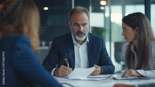 corporate lawyer discussing contracts with clients, serious and formal
