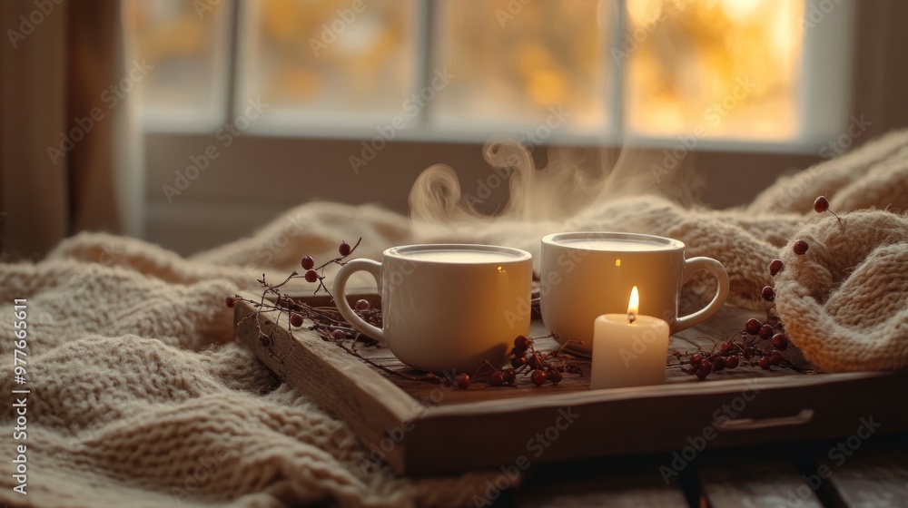 autumn scene centered around two steaming cups of coffee on a rustic wooden tray. autumn scene centered around two steaming cups of coffee on a rustic wooden tray.