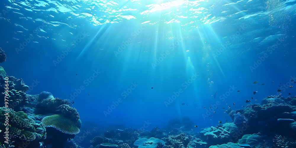 Empty blue underwater with sunlight shine to sand sea floor deep ocean blue Tropical Seabed With Reef And Sunbeam. Empty blue underwater with sunlight shine to sand sea floor deep ocean blue Tropical Seabed With Reef And Sunbeam.