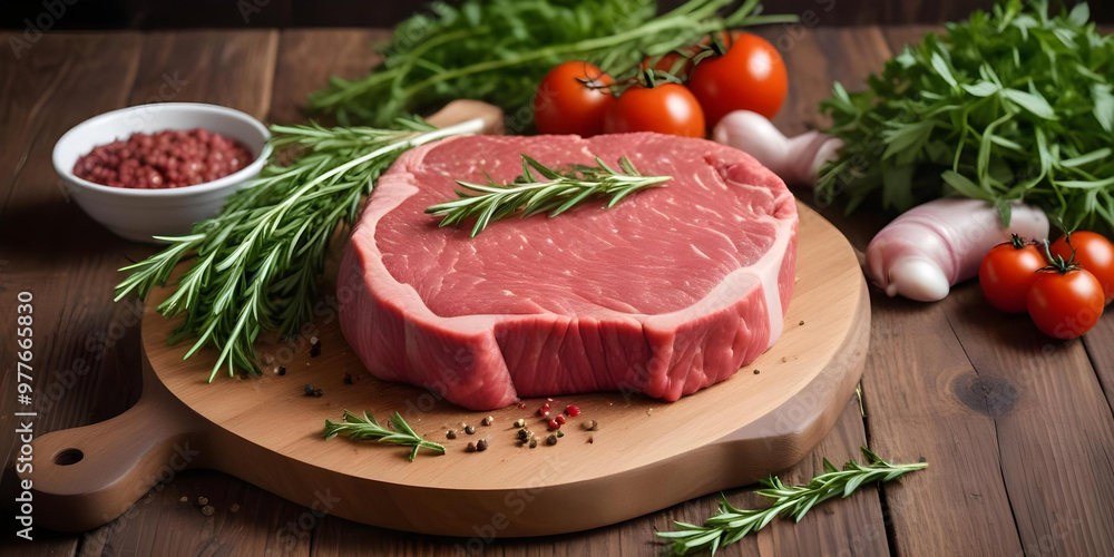 Fresh raw beef steaks on a wooden cutting board, accompanied by rosemary, tomatoes, garlic, and spices, ready for cooking.
Fresh raw beef steaks on a wooden cutting board, accompanied by rosemary, tomatoes, garlic, and spices, ready for cooking.