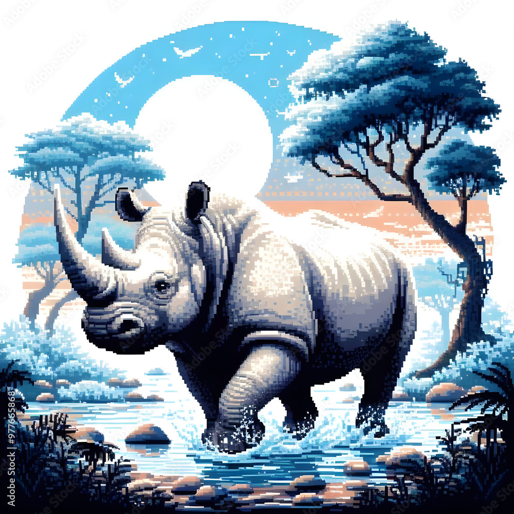 Fototapeta premium 코뿔소, 픽셀아트 (Rhinoceros, Pixel Art)