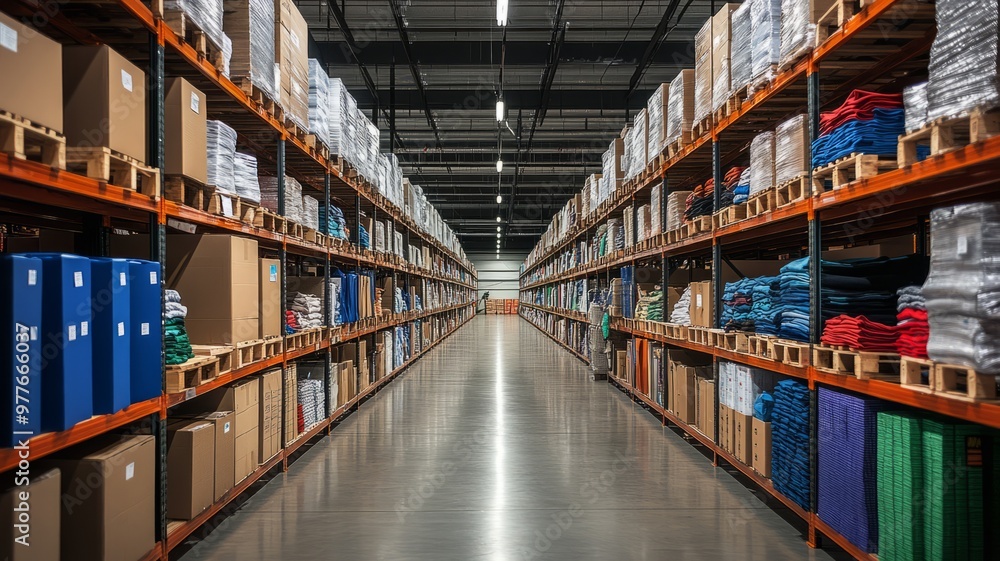 Warehouse Interior: Rows of Shelves and Boxes Warehouse Interior: Rows of Shelves and Boxes