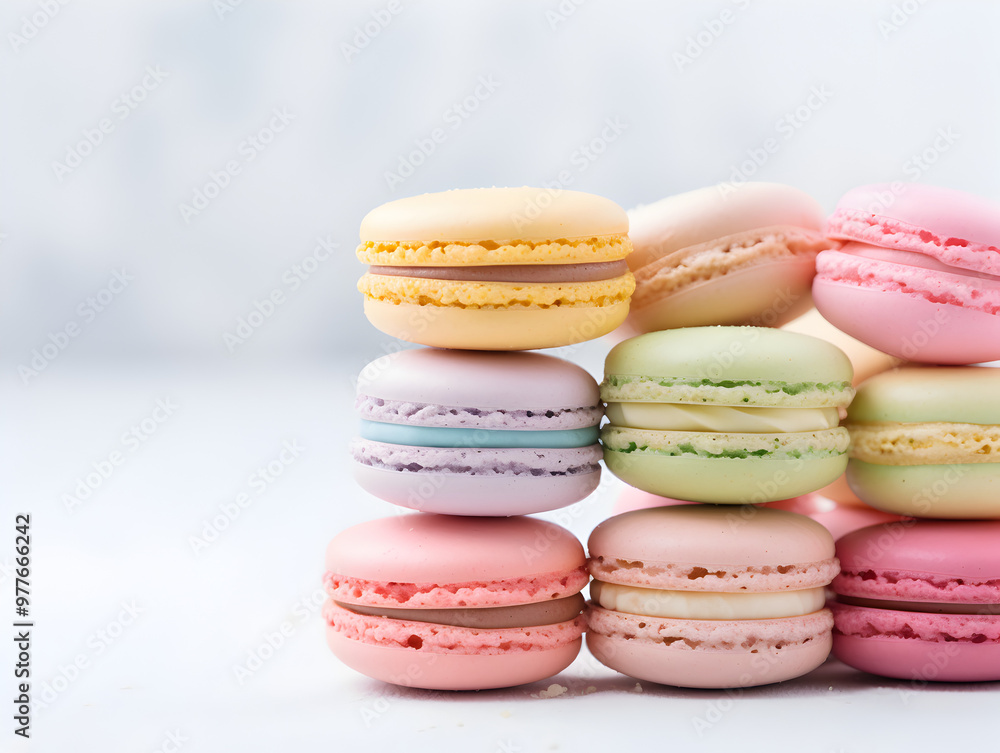 A stack of sweet pastel macaroons cookies on soft grey blurry background with cops space A stack of sweet pastel macaroons cookies on soft grey blurry background with cops space