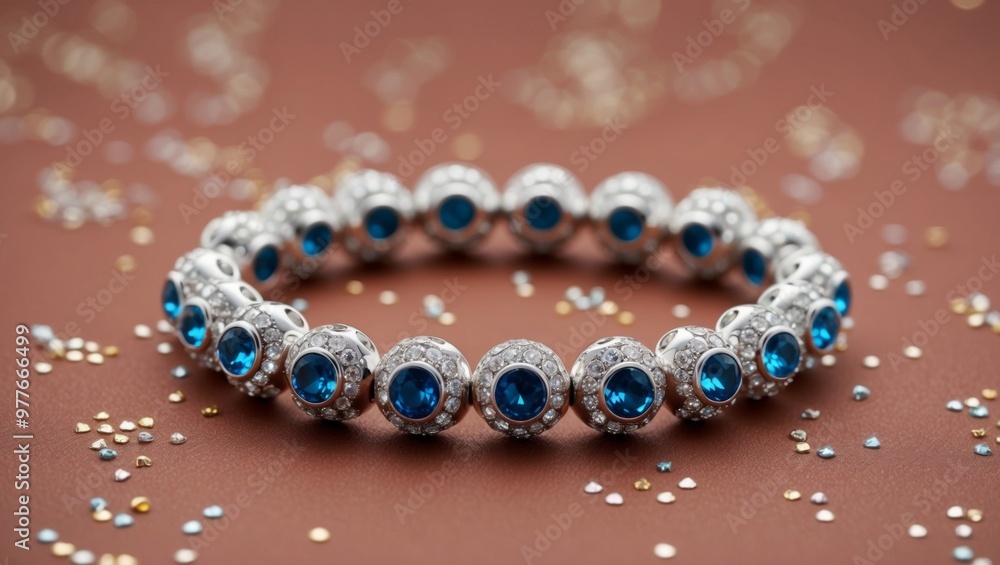 An elegant silver and sapphire bracelet on a brown surface An elegant silver and sapphire bracelet on a brown surface