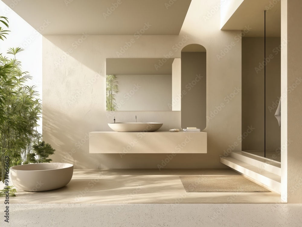 Fototapeta premium Minimalist Bathroom with Floating Vanity and Natural Light
