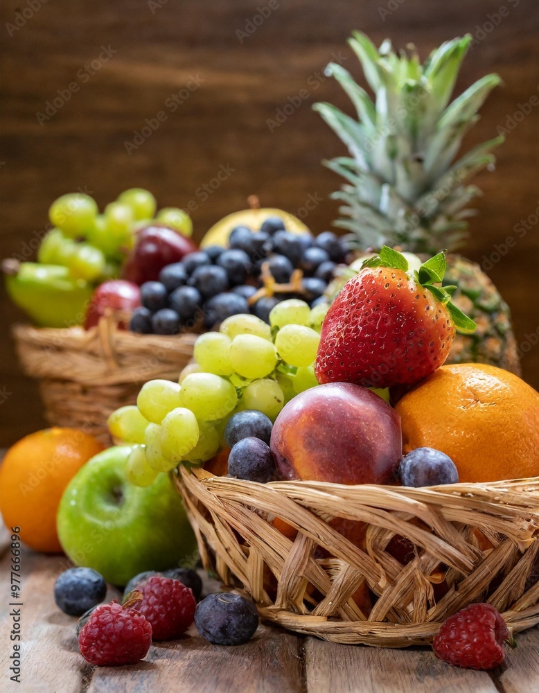 Rustic fruit baskets with depth of field featuring assorted fresh fruits and natural textures Rustic fruit baskets with depth of field featuring assorted fresh fruits and natural textures