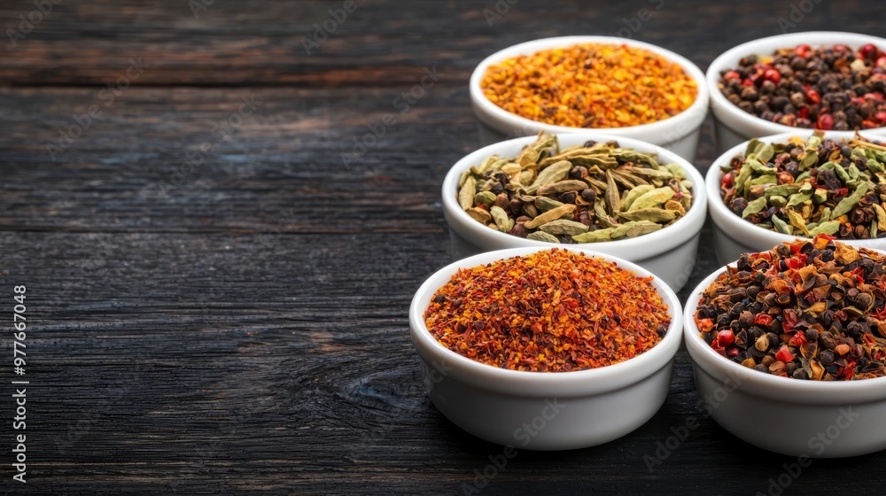 Detailed shot of various dried spices in porcelain dishes Detailed shot of various dried spices in porcelain dishes