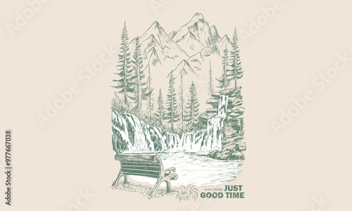Mountain camping. Adventure at the mountain graphic artwork for t shirt and others. River and waterfall with hill artwork. Mountain with tree vintage print design. good life. Bench hand sketch.