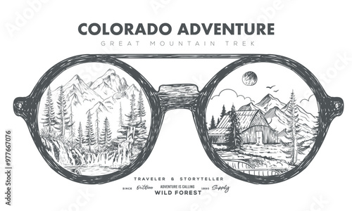 Wooden  sunglasses with mountain print design. Colorado national park artwork. Mountain adventure vintage print design for t shirt. Wild lake vector artwork design.