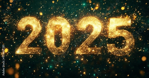 Gold number "2025" is glowing, with glittering golden particles, a dark green background.