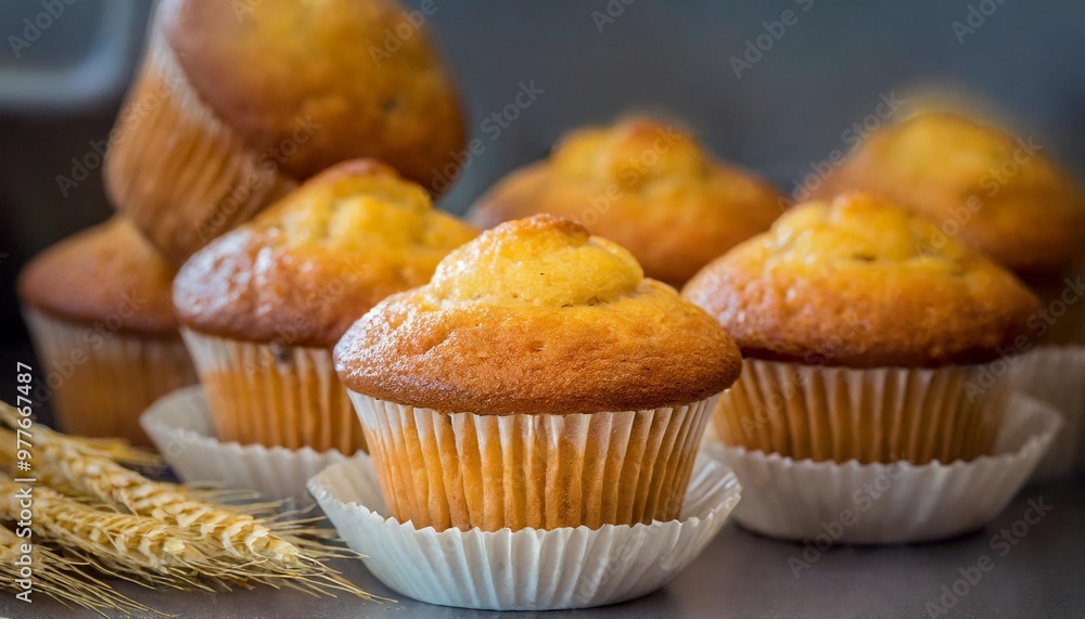 Classic muffins with depth of field showcasing golden tops and moist interiors Classic muffins with depth of field showcasing golden tops and moist interiors