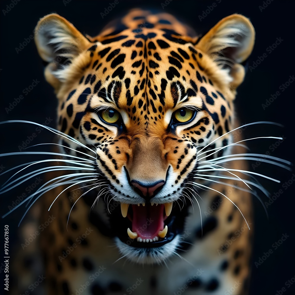 Obraz premium Leopard roaring headshot with sharp fangs and intense gaze