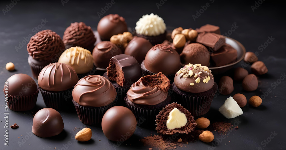 A delicious assortment of gourmet chocolates and truffles with varied textures and flavors, displayed elegantly on a dark background.
A delicious assortment of gourmet chocolates and truffles with varied textures and flavors, displayed elegantly on a dark background.