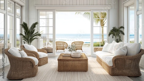 Coastal Living Room with Wicker Furniture and Ocean View