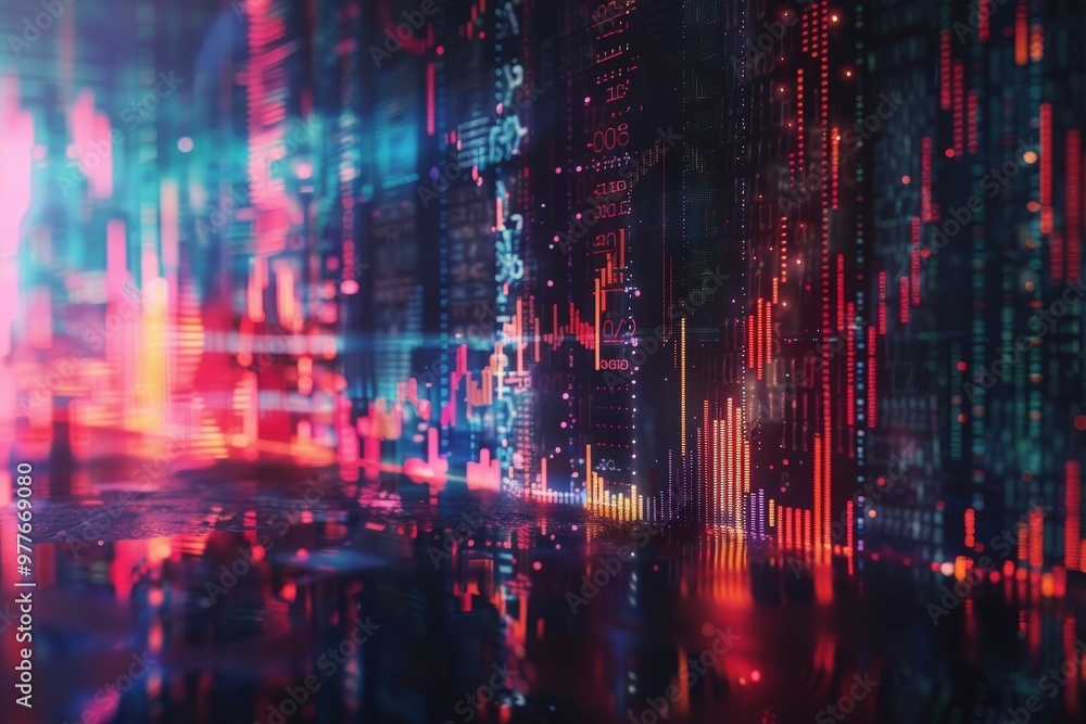 A cityscape with a lot of red and blue lights, generative ai image A cityscape with a lot of red and blue lights, generative ai image