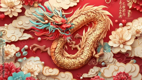 2024 Chinese new year, year of the dragon banner template design with dragons, clouds and flowers background. Chinese translation: Dragon