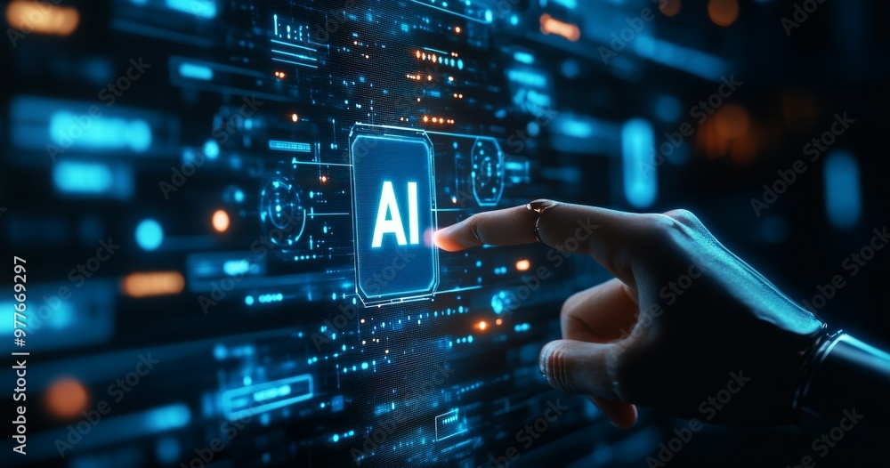 Human hand and robot finger touch with a digital hologram of an AI icon on a dark blue background. Human hand and robot finger touch with a digital hologram of an AI icon on a dark blue background.