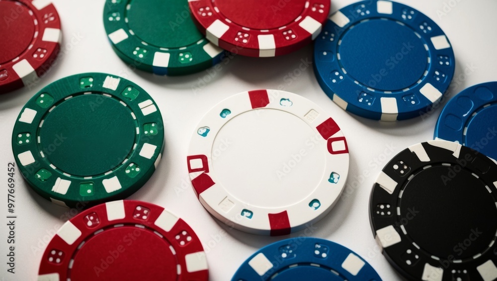 A collection of colorful poker chips scattered on a surface