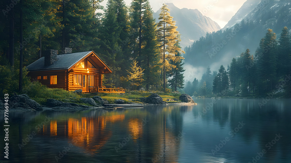 Fototapeta premium Cabin by the Lake in the Forest - 3D Illustration