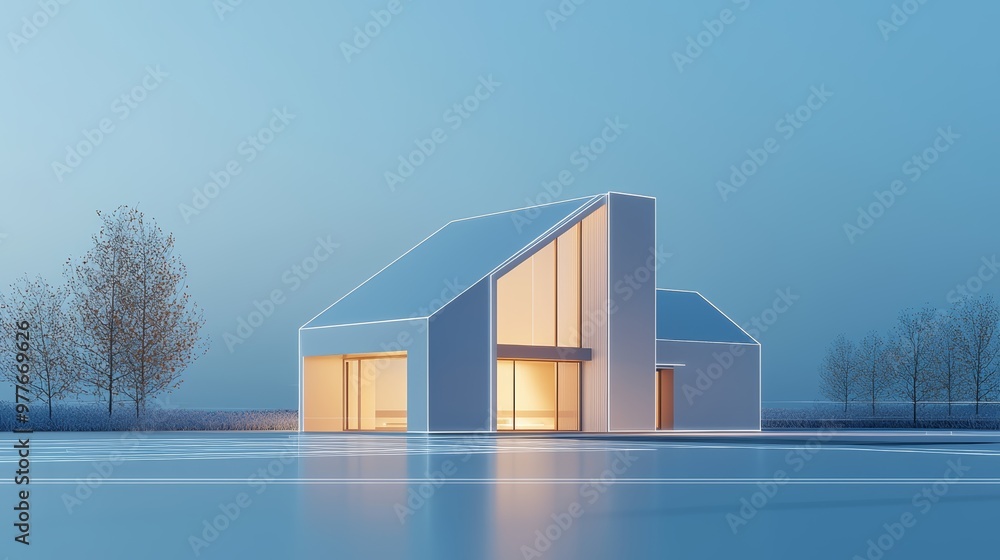 A modern home rendered in 3D, with soft lights outlining the roof and walls, while digital blueprints fade into the background A modern home rendered in 3D, with soft lights outlining the roof and walls, while digital blueprints fade into the background