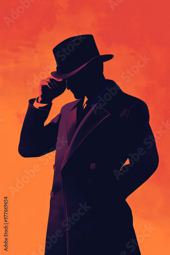 Mysterious detective is tipping his hat in front of an orange sky