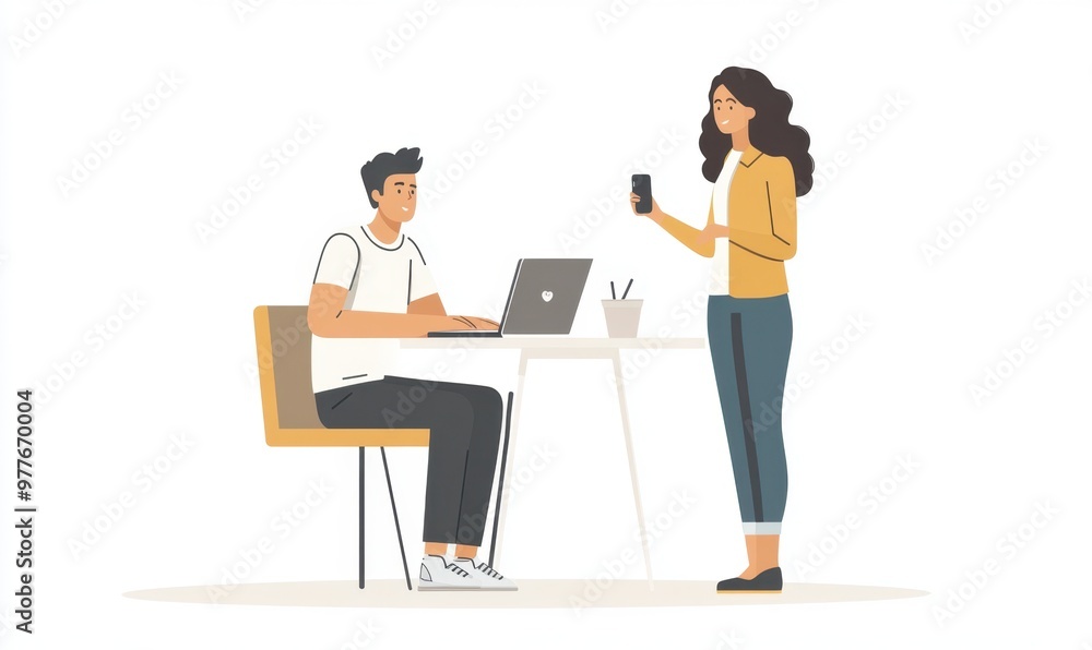 A man sitting at his desk with a laptop, a woman standing next to him holding a phone in her hand overall scene depicts a professional work environment Generative AI A man sitting at his desk with a laptop, a woman standing next to him holding a phone in her hand overall scene depicts a professional work environment Generative AI