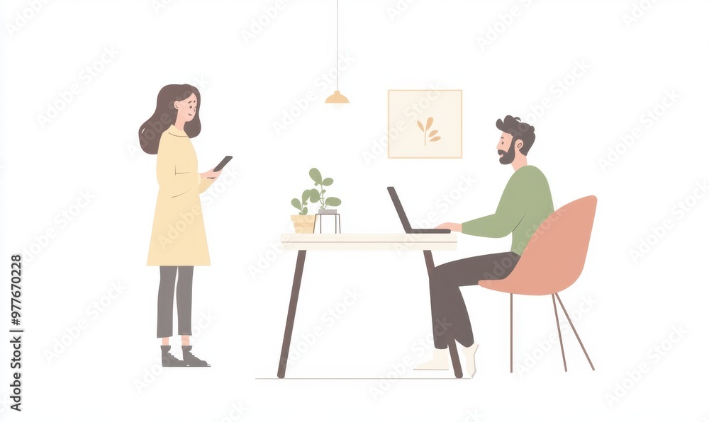 a man sitting at a desk with a laptop, and a woman standing near him holding a phone, against a white background Generative AI a man sitting at a desk with a laptop, and a woman standing near him holding a phone, against a white background Generative AI